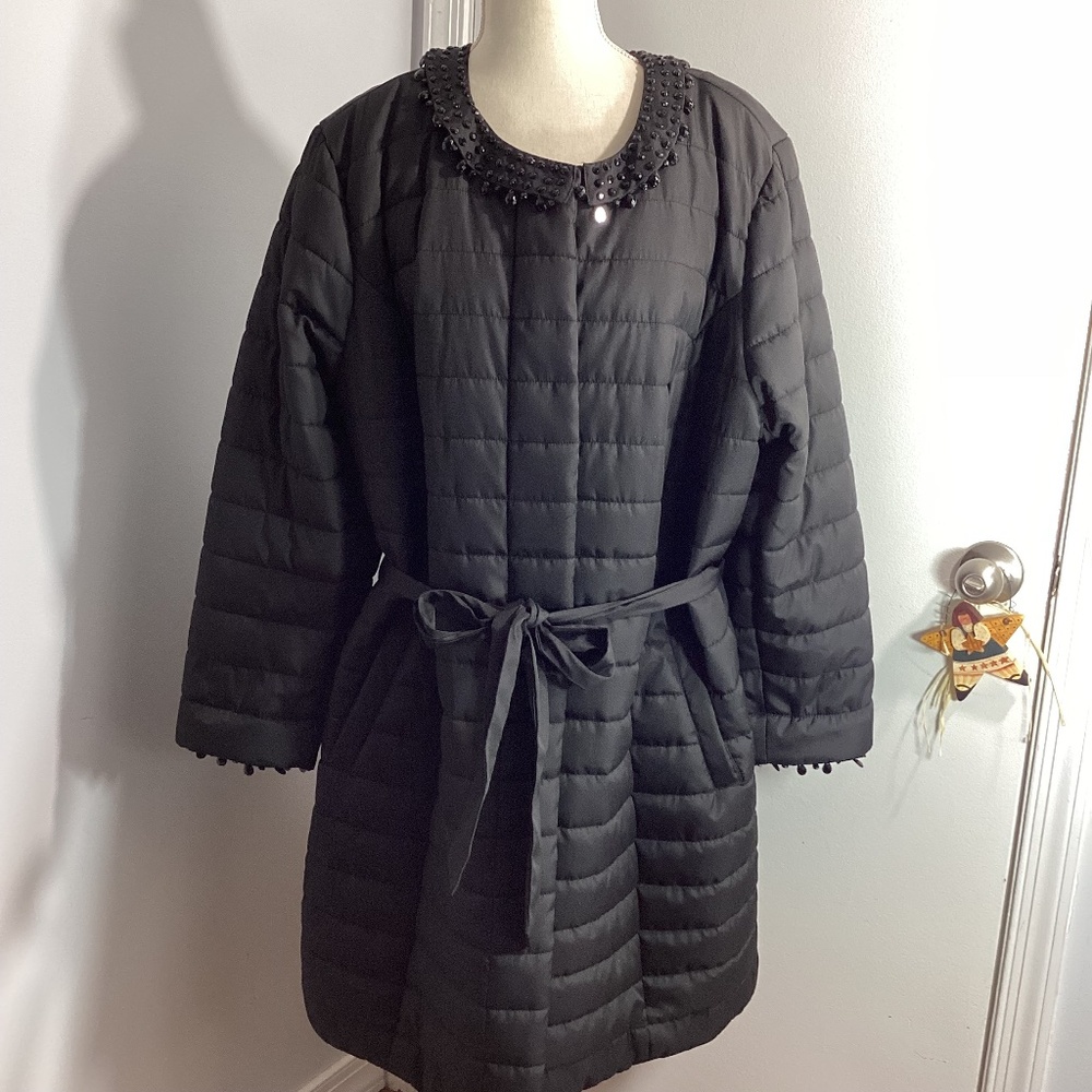 NWT DENNIS BASSO PLUS 2X BLACK QUILTED COAT REMOVABLE BEADS TRIM